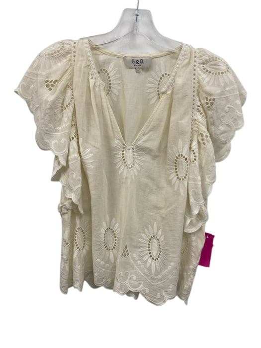 Sea New York Size 4 Cream Cotton Embroidered Eyelet V Neck Skirt Set Cream / 4