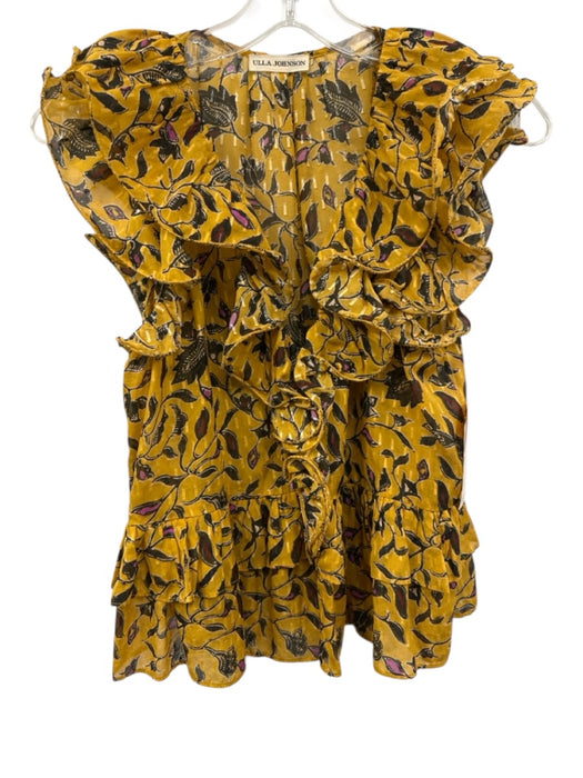 Ulla Johnson Size 2 Yellow & Black Silk Blend Botanical Print Shimmer Detail Top Yellow & Black / 2