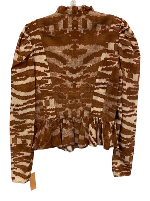 Ulla Johnson Size 4 Brown & Cream Silk Long Balloon Sleeve Abstract Print Top Brown & Cream / 4