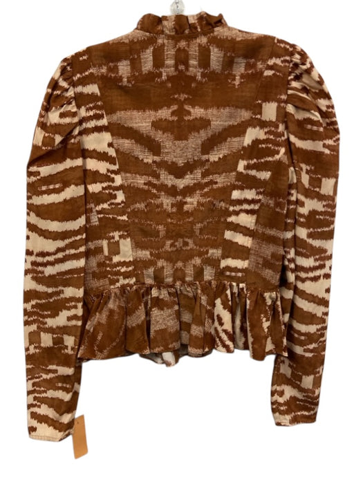 Ulla Johnson Size 4 Brown & Cream Silk Long Balloon Sleeve Abstract Print Top Brown & Cream / 4