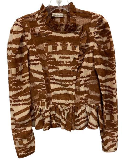 Ulla Johnson Size 4 Brown & Cream Silk Long Balloon Sleeve Abstract Print Top Brown & Cream / 4