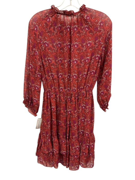 Ulla Johnson Size 2 Red Silk Floral Long Balloon Sleeve Tassel V Neck Dress Red / 2