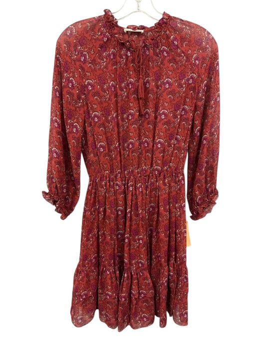 Ulla Johnson Size 2 Red Silk Floral Long Balloon Sleeve Tassel V Neck Dress Red / 2
