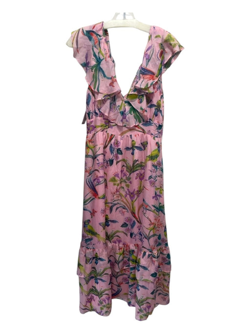 Banjanan Size Small Pink, Green & Blue Silk Sleeveless Birds V Neck Dress Pink, Green & Blue / Small