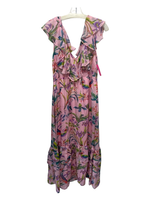 Banjanan Size Small Pink, Green & Blue Silk Sleeveless Birds V Neck Dress Pink, Green & Blue / Small