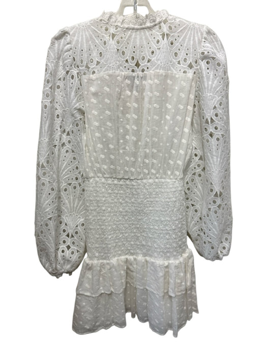 Aqua Size M White Cotton Eyelet Long Balloon Sleeve Shirred Waist V Neck Dress White / M