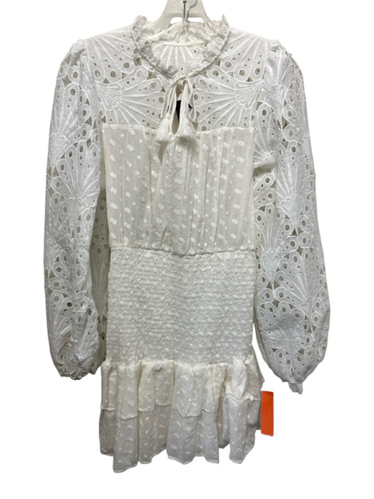 Aqua Size M White Cotton Eyelet Long Balloon Sleeve Shirred Waist V Neck Dress White / M