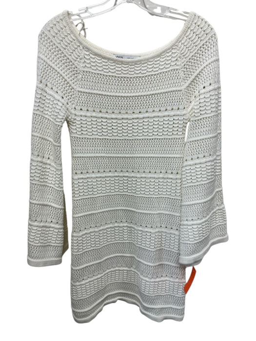 Zara Size 6 Cream Cotton & Acetate Crochet Knit Long Sleeve Wide Neck Dress Cream / 6