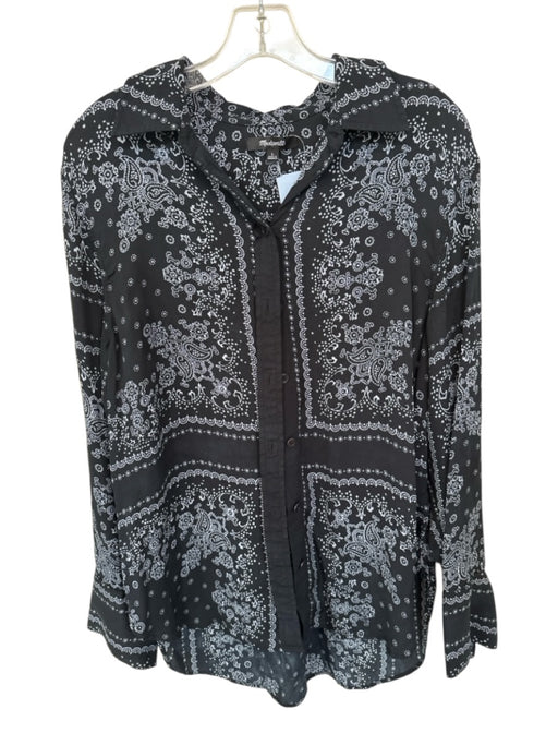 Madewell Size L Black & Grey Viscose Bandana Print Button Up Collar Top Black & Grey / L