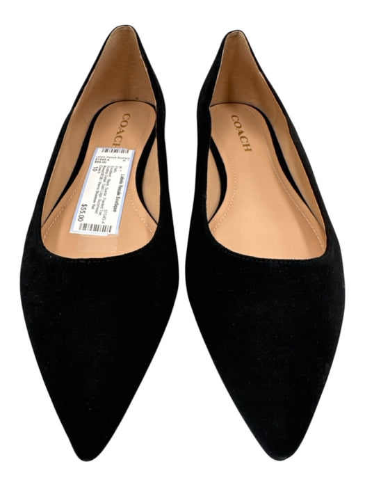 Coach Shoe Size 10 Black Suede Pointed Toe Scallop Detail Gold Logo Flats Black / 10