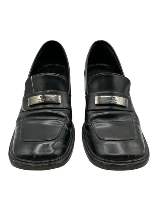 Gucci Shoe Size 6 Black & Silver Leather Square Toe Logo Loafers Black & Silver / 6
