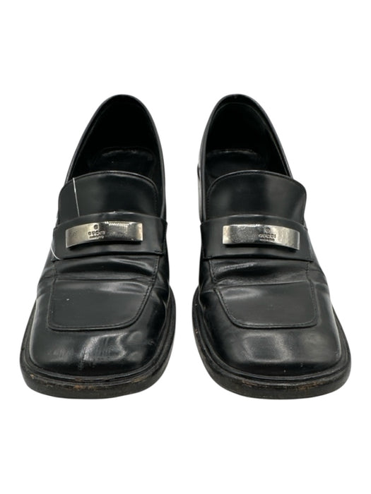 Gucci Shoe Size 6 Black & Silver Leather Square Toe Logo Loafers Black & Silver / 6