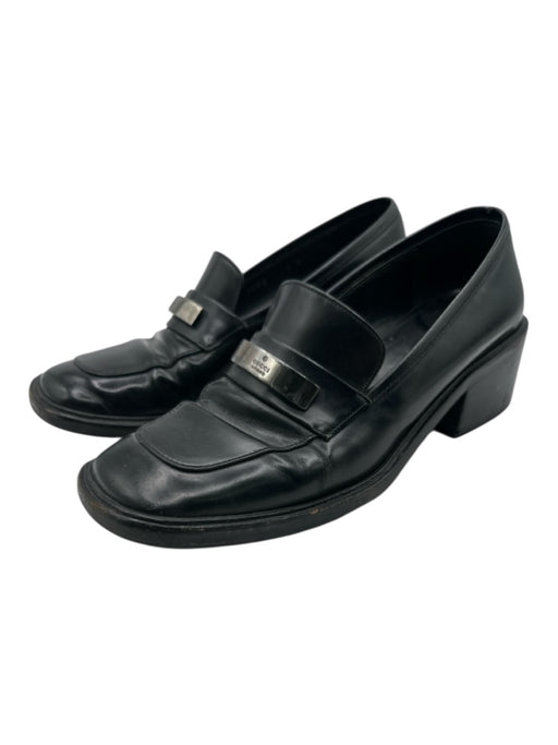 Gucci Shoe Size 6 Black & Silver Leather Square Toe Logo Loafers Black & Silver / 6
