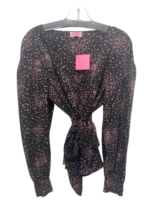 Kate Spade Size XL Black, Yellow & Purple Polyester Long Sleeve V Neck Sash Top Black, Yellow & Purple / XL