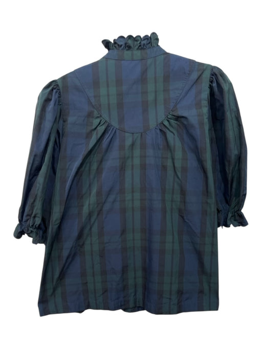 Pomander Place Size XL Navy blue & green Polyester Ruffle Trim Plaid Top Navy blue & green / XL