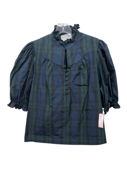 Pomander Place Size XL Navy blue & green Polyester Ruffle Trim Plaid Top Navy blue & green / XL