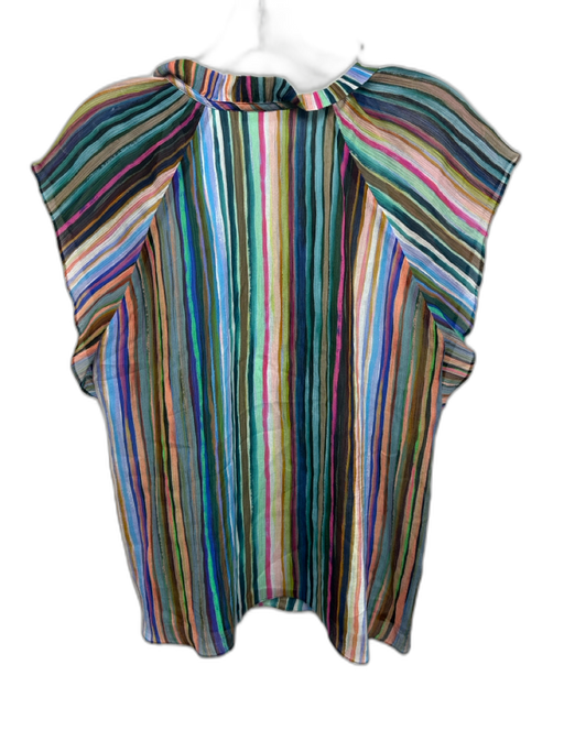Marie Oliver Size S Blue & Multi Silk & Cotton Striped Split Neck Cap Sleeve Top Blue & Multi / S