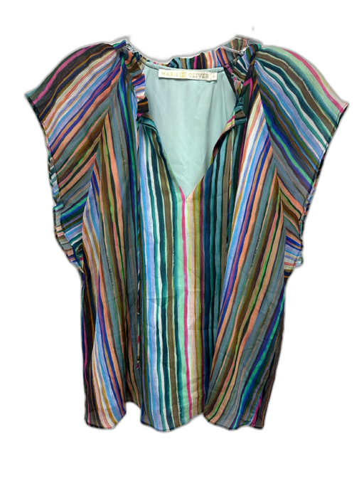 Marie Oliver Size S Blue & Multi Silk & Cotton Striped Split Neck Cap Sleeve Top Blue & Multi / S