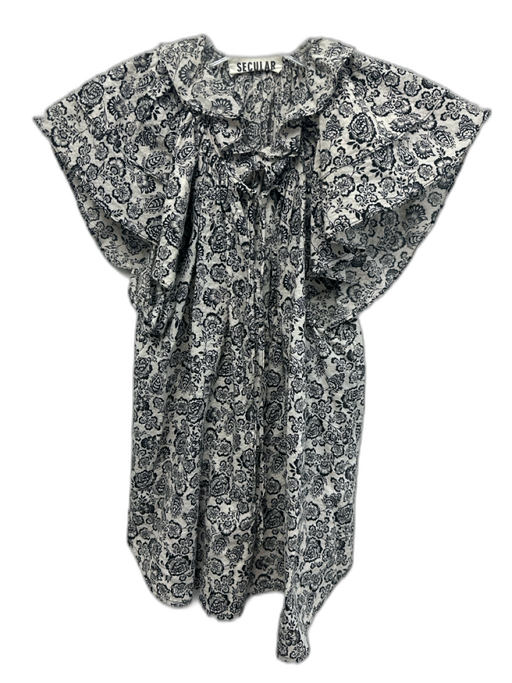 Secular Size S White & Black Cotton Floral Split Neck Cap Sleeve Top White & Black / S