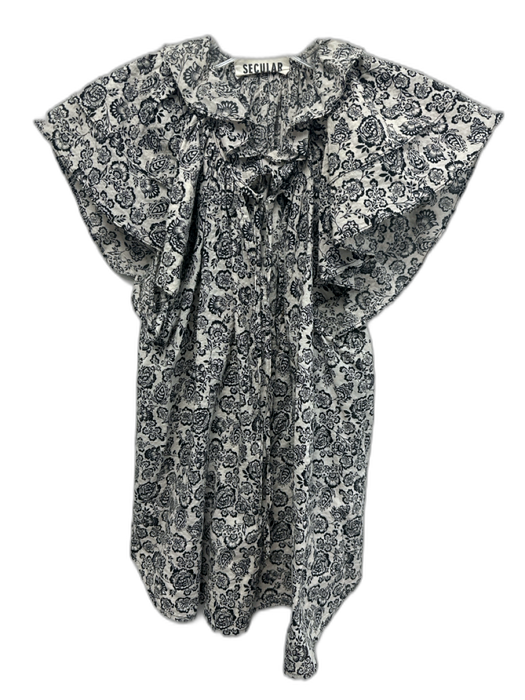 Secular Size S White & Black Cotton Floral Split Neck Cap Sleeve Top White & Black / S