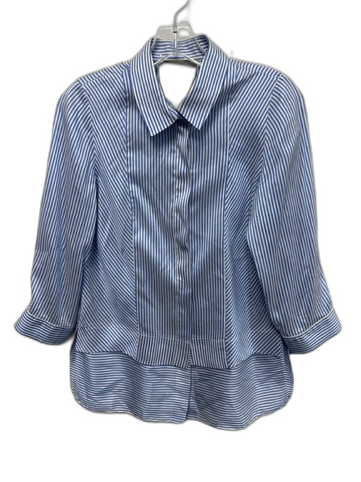 Natalija Jansone Size 42 IT White & Blue Silk Long Sleeve Striped Collar Top White & Blue / 42 IT