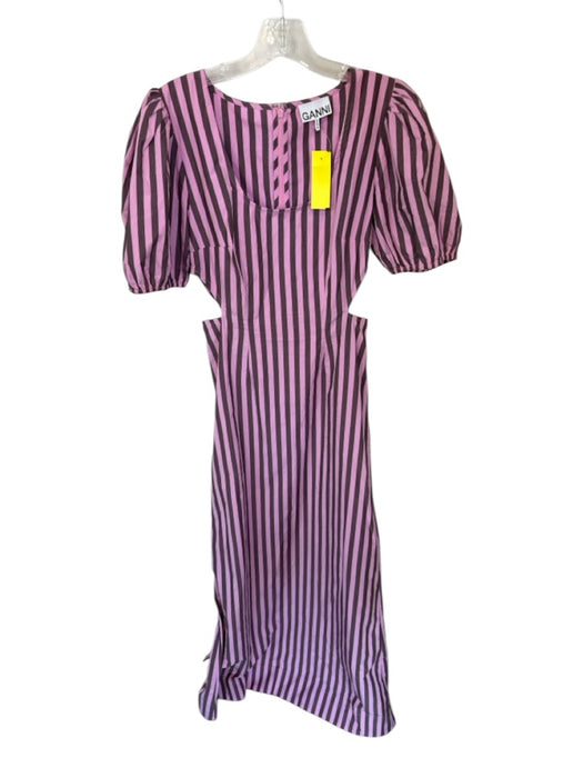 Ganni Size 34 Pink & Purple Cotton Short Balloon Sleeve Cut Out Sides Dress