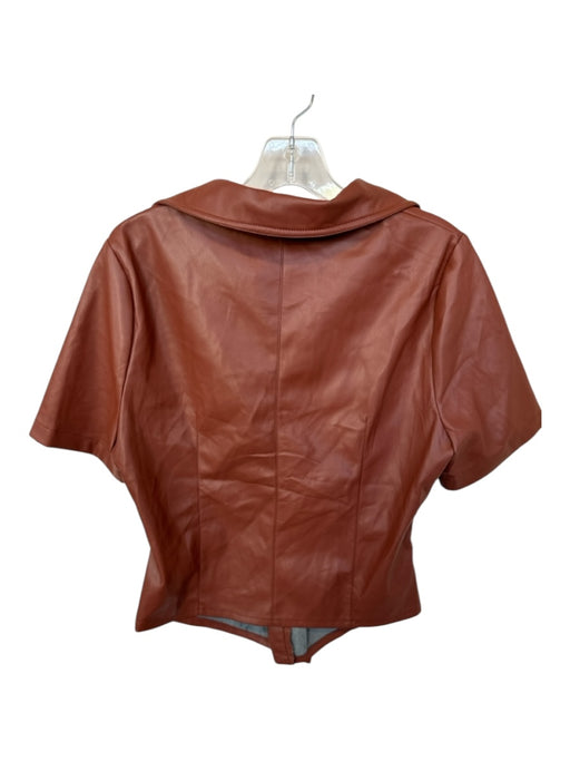 House of Harlow Size M Brown Vegan Leather Short Sleeve Collar Front knot Top Brown / M