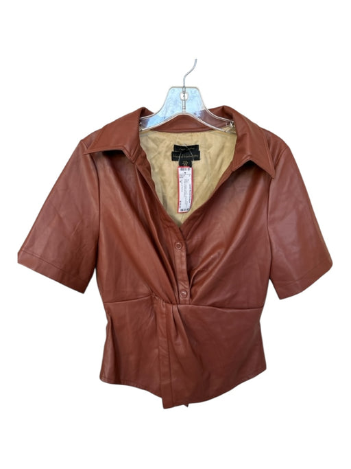 House of Harlow Size M Brown Vegan Leather Short Sleeve Collar Front knot Top Brown / M