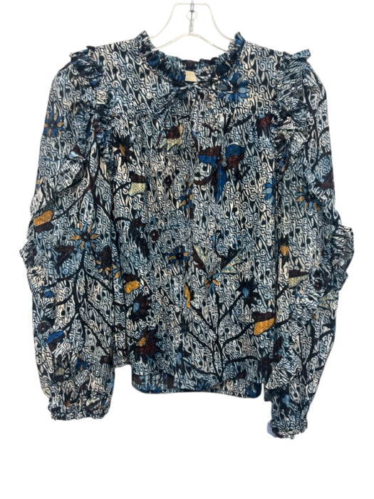 Ulla Johnson Size 2 Blue, White &  Brown Cotton Blend Abstract Floral Top Blue, White &  Brown / 2
