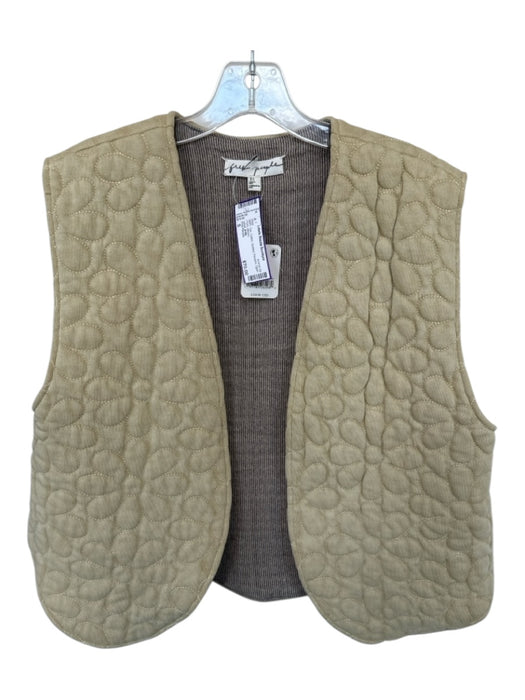 Free People Size S Tan Cotton Quilted Flowers Open Front Vest Tan / S