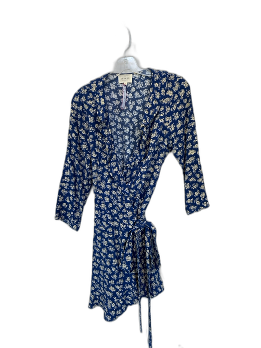Sezane Size 40 Navy & Tan Viscose Long Sleeve Flowers Wrap Ruffles Dress Navy & Tan / 40