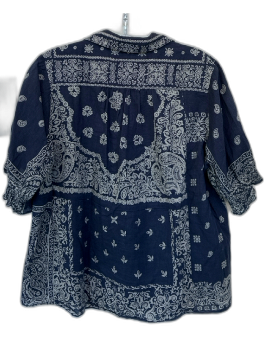 The Great Size 0/XS Navy & Taupe Cotton Short Sleeve Bandana Print Top Navy & Taupe / 0/XS