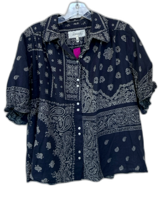 The Great Size 0/XS Navy & Taupe Cotton Short Sleeve Bandana Print Top Navy & Taupe / 0/XS