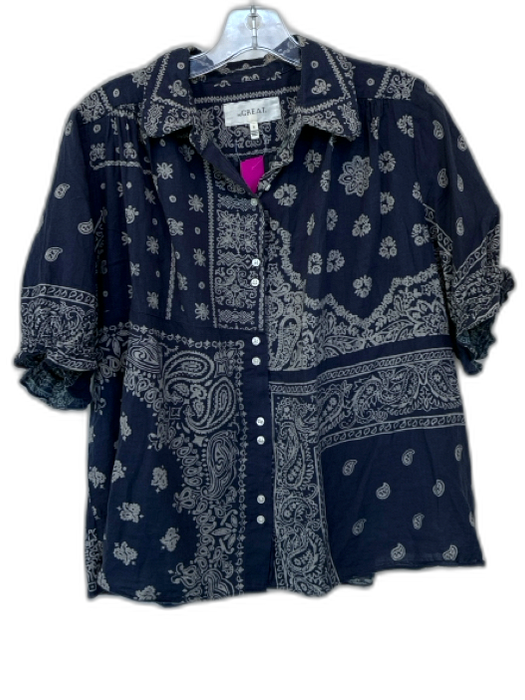The Great Size 0/XS Navy & Taupe Cotton Short Sleeve Bandana Print Top Navy & Taupe / 0/XS