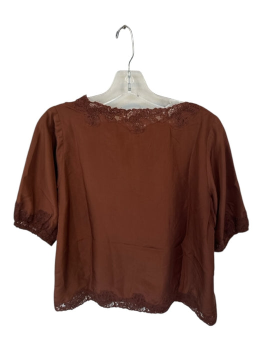 The Great Size 1/S Brown Silk Short Balloon Sleeve Lace Detail V Neck Top Brown / 1/S