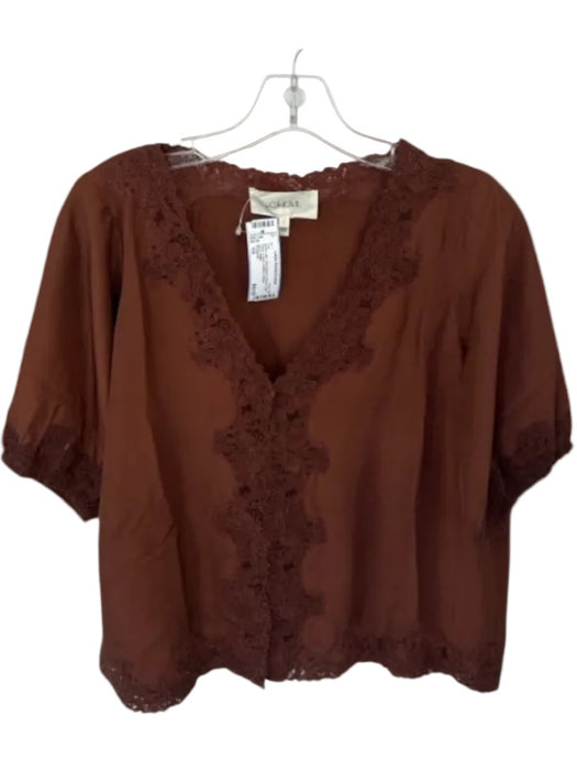 The Great Size 1/S Brown Silk Short Balloon Sleeve Lace Detail V Neck Top Brown / 1/S