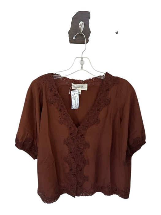 The Great Size 1/S Brown Silk Short Balloon Sleeve Lace Detail V Neck Top Brown / 1/S