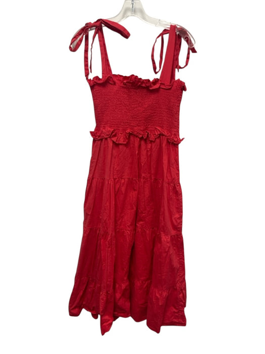Tuckernuck Size M Coral Red Cotton Sleeveless Smocked Bodice Tiered Midi Dress Coral Red / M