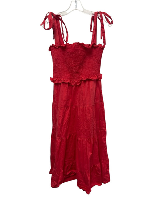 Tuckernuck Size M Coral Red Cotton Sleeveless Smocked Bodice Tiered Midi Dress Coral Red / M