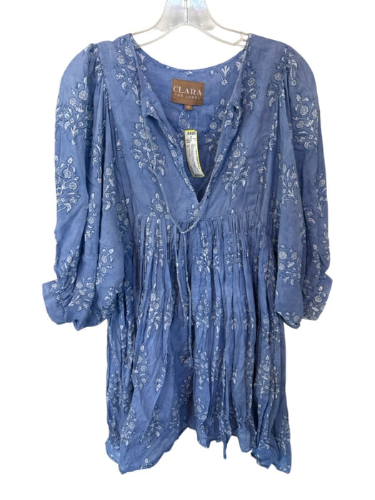 Clara The Label Size S Blue & White Cotton Long Balloon Sleeve Flowers Dress Blue & White / S