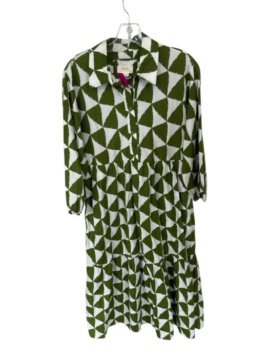 Maeve Size XS Green & White Cotton Long Sleeve Triangles Collar Dress Green & White / XS