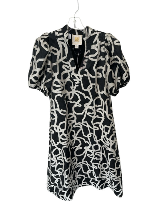 Emily McCarthy Size S Charcoal & White Cotton Blend Short Balloon Sleeve Dress Charcoal & White / S