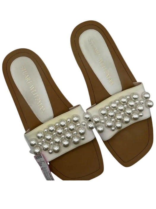 Stuart Weitzman Shoe Size 8 White Leather Faux Pearls Slide Sandals White / 8
