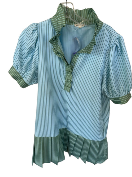 Jodifl Size S Blue & Green Polyester Blend Short Balloon Sleeve Striped Dress Blue & Green / S