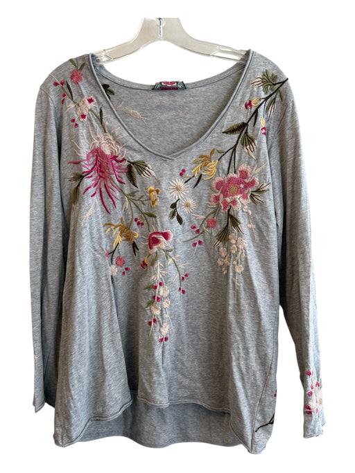 Johnny Was Size S Grey & Multi Cotton V Neck Long Sleeve Top Grey & Multi / S