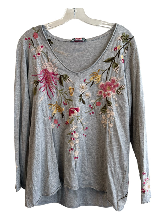 Johnny Was Size S Grey & Multi Cotton V Neck Long Sleeve Top Grey & Multi / S