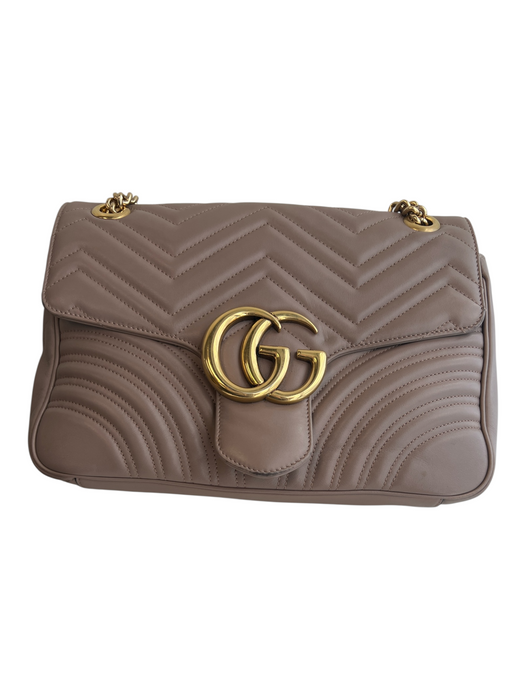 Gucci Rose Leather Brass Hardware Chevron Quilt Double G Marmont Purse Rose
