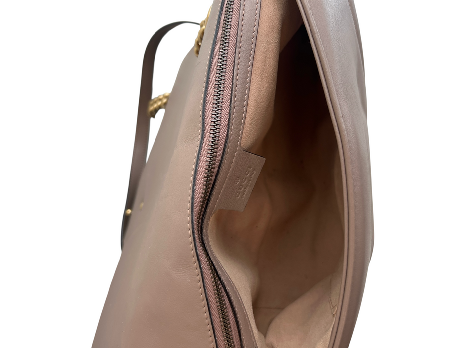Gucci Rose Leather Brass Hardware Chevron Quilt Double G Marmont Purse Rose