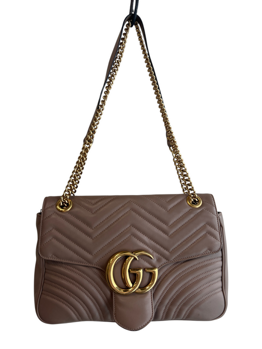 Gucci Rose Leather Brass Hardware Chevron Quilt Double G Marmont Purse Rose