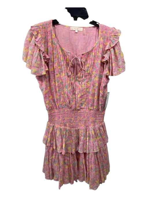 Love Shack Fancy Size Large Pink, Yellow, Green Cotton Cap Sleeve Floral Dress Pink, Yellow, Green / Large